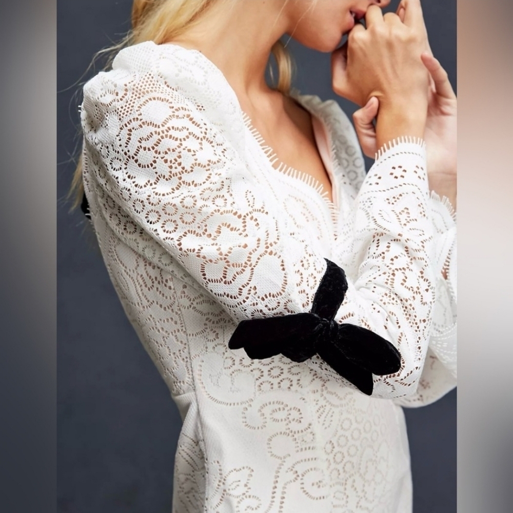 For Love And Lemons White Lace Dress with Black Velvet Bows - Picture 3 of 8